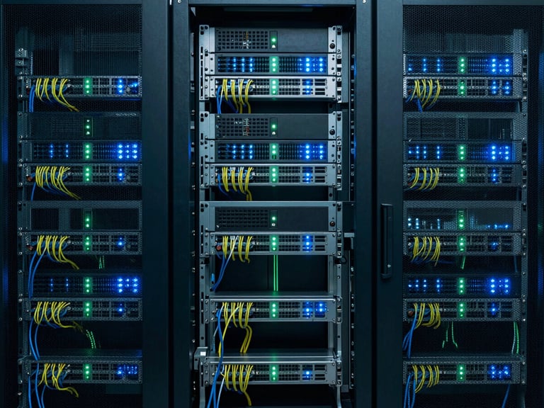 Symmetrical architectural shot of a clean enterprise server room, meticulously organized server racks with color-coded structured cabling, cool blue and green LED indicator lights, sharp macro focus.