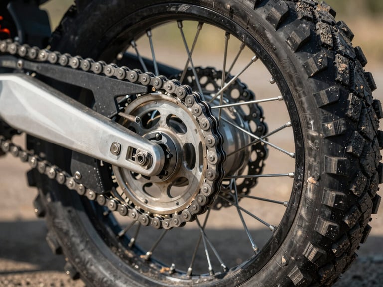 Close-up macro shot of a clean motorcycle chain and rear adventure tire with aggressive tread, dust on the rim, harsh high-contrast lighting.