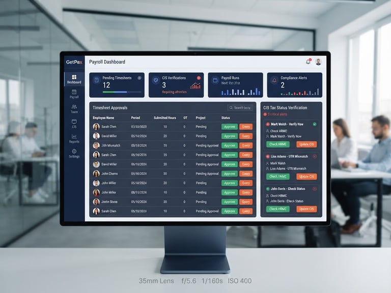 Front-on high-fidelity UI mockup of the GetPax payroll dashboard showing timesheet approvals and CIS tax status verification, clean navy and slate tones, sharp focus, 35mm