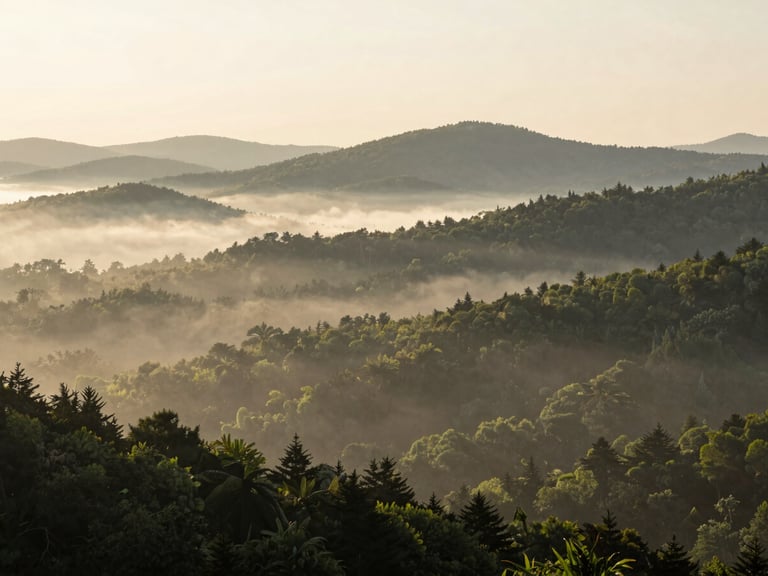 Wide cinematic environmental shot of the Appalachian foothills at sunrise, soft morning mist in the valleys, diffused natural light.