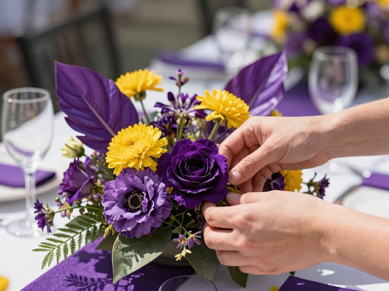 Medium-close action shot of hands carefully arranging a vibrant event centerpiece, bright natural daylight, royal purple accents, 35mm lens