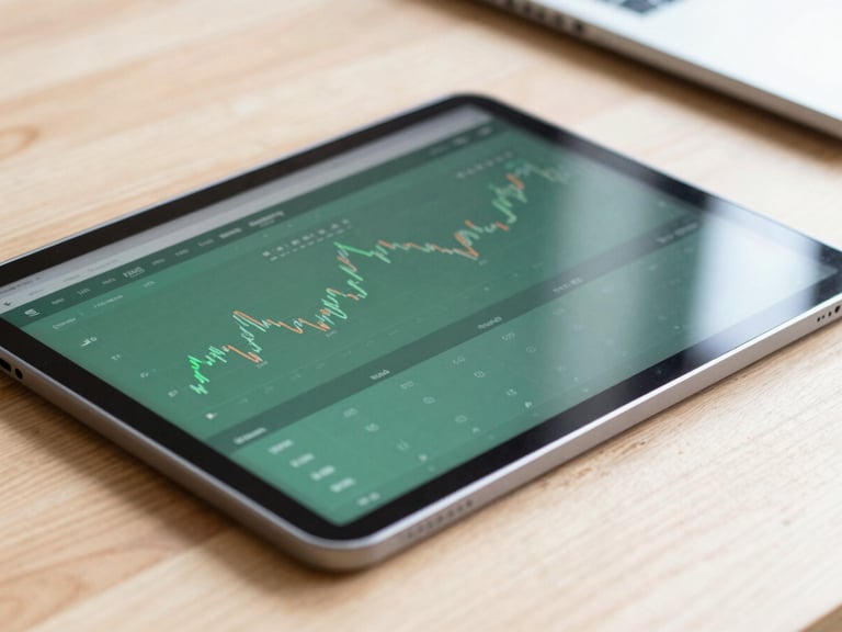 Macro close-up of a modern financial dashboard on a tablet resting on a clean oak desk, bright natural daylight, sharp focus