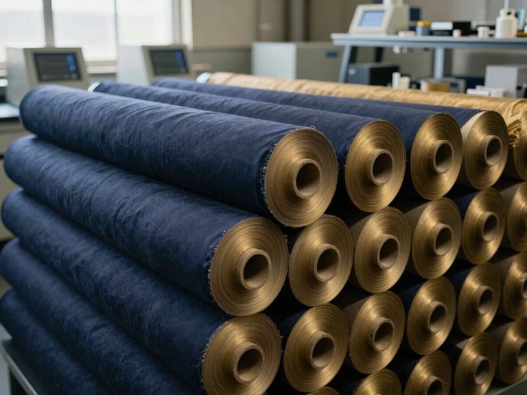Organized rolls of finished textile fabric in a warehouse, stacked neatly, laboratory quality testing equipment in the background, deep navy and warm brass tones