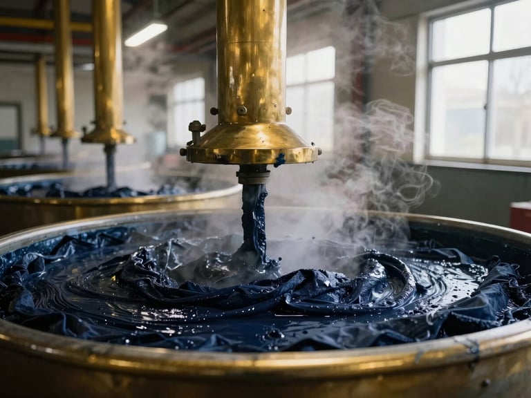 Close-up of fabric being dyed in large industrial vats, steam rising, crisp overhead factory illumination, deep navy and warm brass tones
