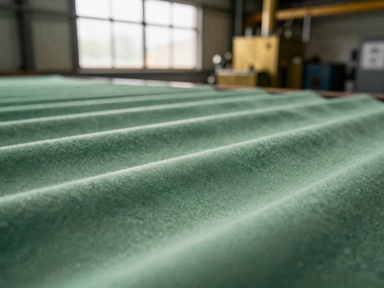 Macro shot of organic cotton fabric with a subtle green tint, clean and structured, dramatic lighting.