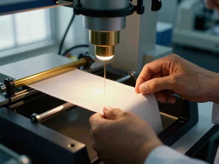 Macro close-up of textile scientist's hands performing a tensile strength test on fabric in a modern laboratory, specialized equipment, clean environment, sharp focus.