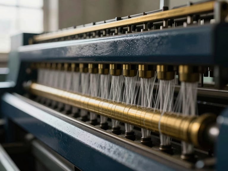 Macro close-up of fine cotton yarn threads under tension on a high-speed spinning machine, industrial daylight, sharp focus, deep navy and warm brass tones