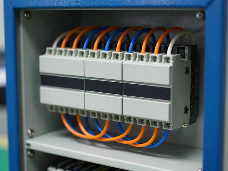 Sharp industrial photography of a newly wired PLC control cabinet, clean terminal blocks with orange and blue wires, high-contrast workshop lighting, deep blue and metallic silver tones, 50mm lens