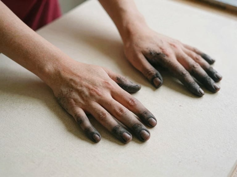 An artistic close-up of hands covered in dark charcoal dust resting on a textured cream canvas, soft natural side lighting, shallow depth of field, 35mm film grain