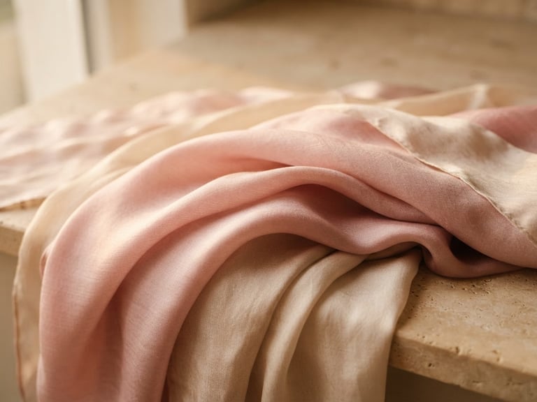 A close-up of premium soft pink and cream silk scarves neatly draped over a warm beige stone surface, soft golden-hour window light, shallow depth of field
