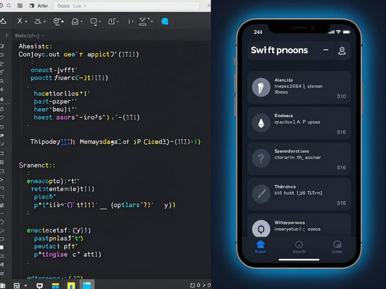 A split-screen composition showing clean Swift code running in an IDE on the left, and a high-fidelity mobile UI rendering a dark dashboard on the right, electric-blue accent glow.