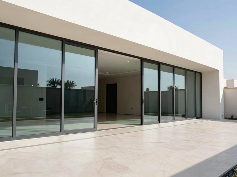 Wide-angle architectural shot of a luxury Saudi villa featuring massive slim-profile glass sliding doors opening to a courtyard, sharp shadows, bright daylight, architectural photography, 35mm
