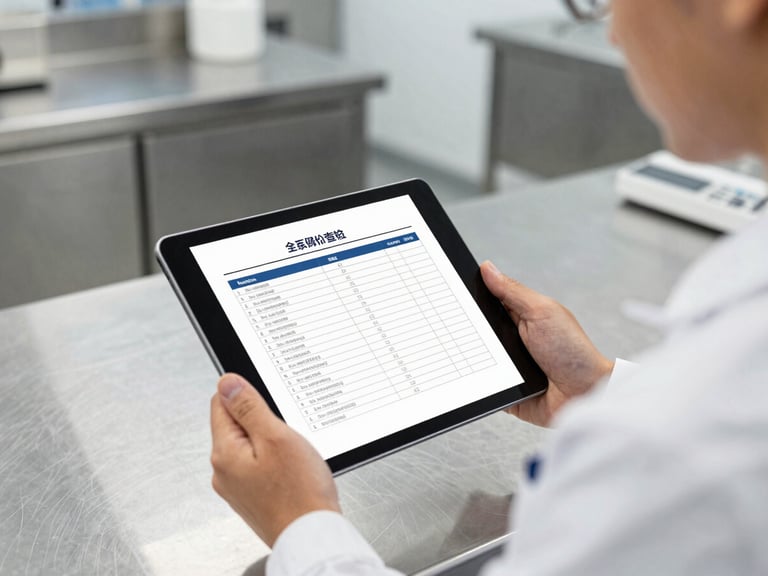 A close-up of a technician in a clean uniform holding a digital tablet displaying a safety compliance checklist, inside a pristine commercial kitchen with stainless steel counters, bright daylight.