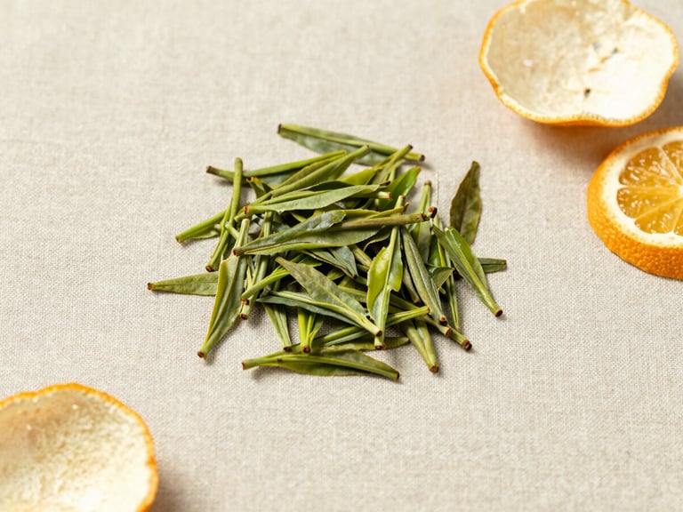 Overhead product flat lay of raw green tea leaves and sliced citrus peel on textured linen, soft natural morning daylight, muted sage tones, 35mm
