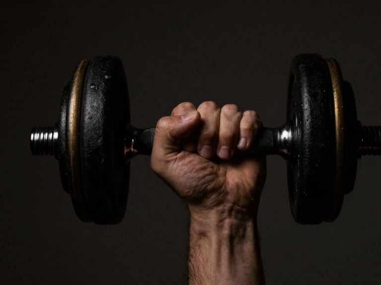 Close-up of a hand gripping a minimalist black dumbbell with subtle gold accents, dramatic side-lighting, deep shadows, 35mm, moody low-key photography