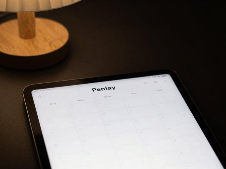 Minimalist digital planner dashboard on a tablet, focused on a weekly view, soft desk-lamp glow, deep shadows, warm gold accents, 35mm