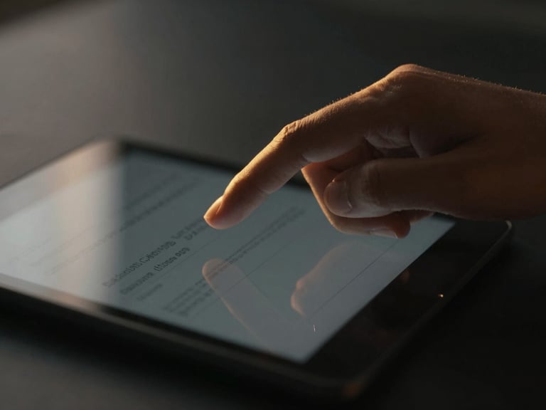 Close-up of a hand adjusting a digital dashboard on a tablet, focused, warm golden-hour glow, shallow depth of field, 35mm, moody low-key photography