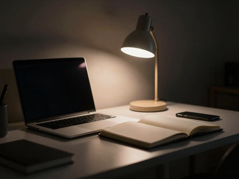 Clean home-office workspace with a minimalist laptop and an open notebook, soft desk lamp glow, organized, shallow depth of field, 35mm, moody low-key photography