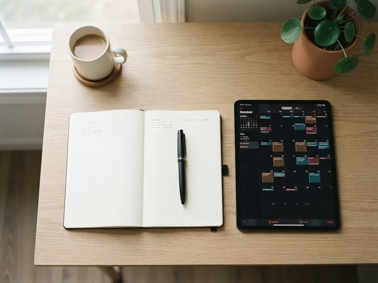 Overhead minimalist desk shot, clean paper notebook with a sleek pen, tablet displaying an organized calendar, soft morning light, 35mm lens