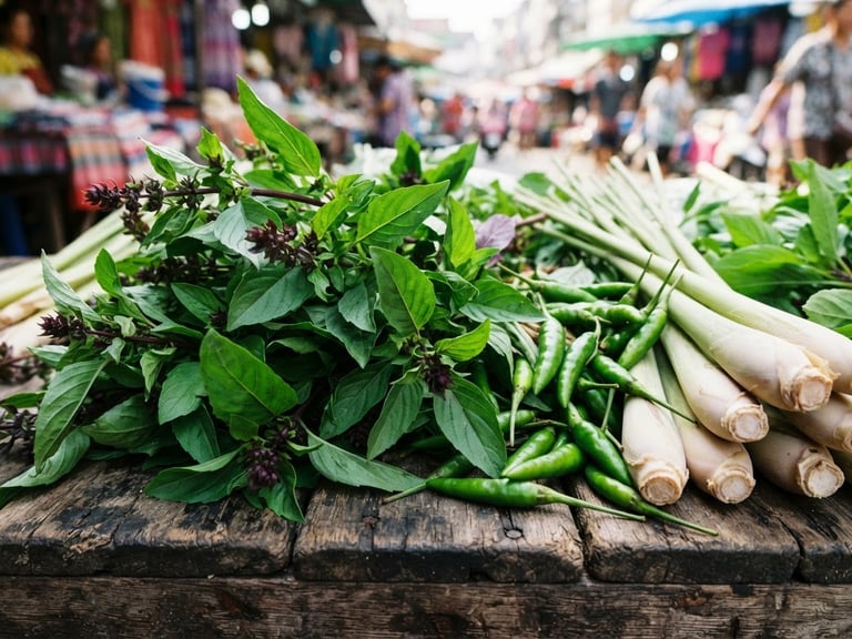 Vibrant close-up of fresh Thai basil, lemongrass, and green chilies on a rustic wooden surface in a bright market setting, sharp focus, 35mm