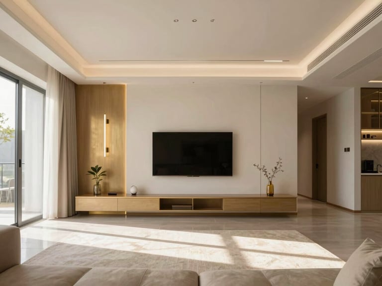 Sleek sunlit modern living room interior with warm gold accents, clean straight-on perspective, 35mm lens