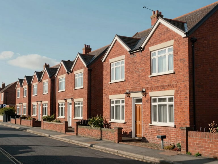 Bright daylight exterior shot of clean, modern red-brick terraced houses in Wigan, quiet residential street, clear blue sky.