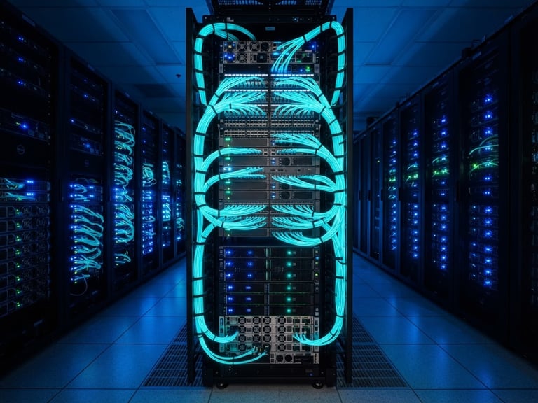Sleek corporate technology photography of server racks with clean glowing cyan fiber optic cabling, cool blue LED lighting, sharp high-contrast details, 35mm