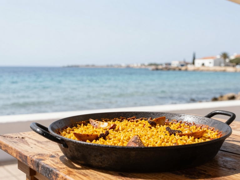 A traditional Spanish caldero rice dish served in a black iron pot on a rustic wooden table overlooking the blue Mar Menor lagoon, bright daylight