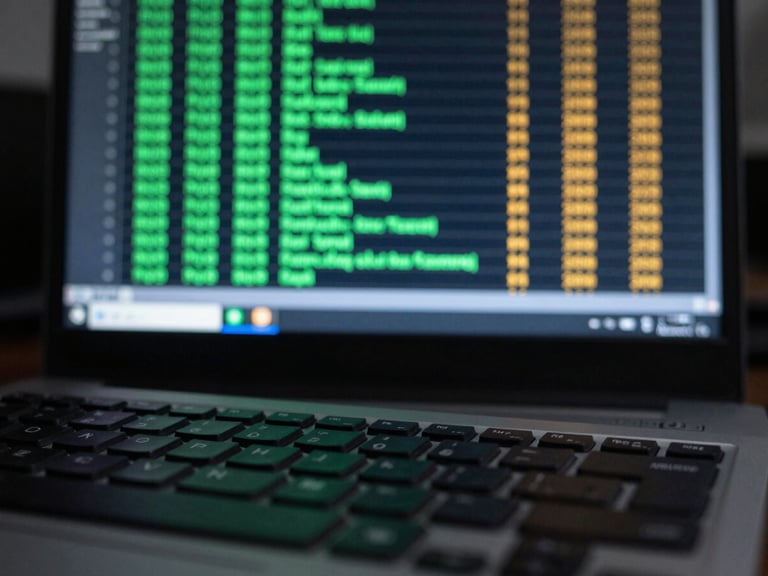 Tight macro shot of a terminal screen showing active network connection logs in cyan and amber text, low-key lighting reflecting on a mechanical keyboard in the foreground, dark atmosphere of a security operations center.