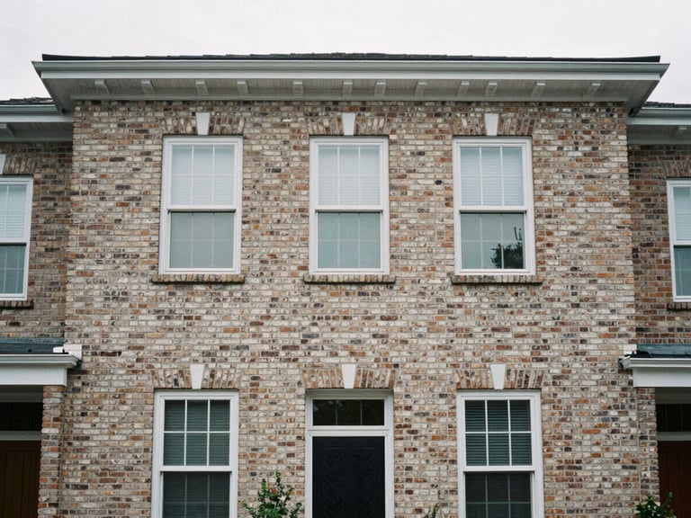 Straight-on architectural framing of a classic brick residential facade, natural overcast daylight, desaturated neutral tones, sharp focus, 35mm