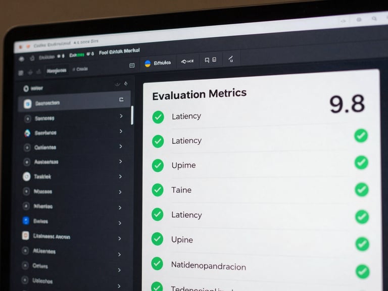 A dark mode developer dashboard showing a structured checklist of AI tool evaluation metrics, green checkmarks next to latency and uptime, and a final utility score of 9.8 in a crisp monospace font.