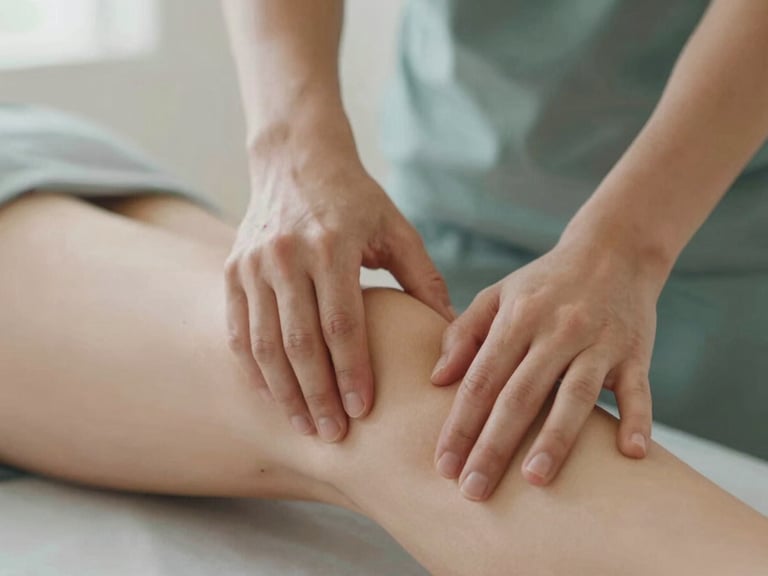 A close-up photograph of hands-on assisted stretching, therapist gently guiding a leg alignment, soft diffused daylight, shallow depth of field, warm editorial style