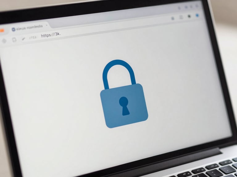 Close-up of a laptop screen displaying a secure padlock icon and 'https://' in the address bar, soft studio lighting, shallow depth of field.