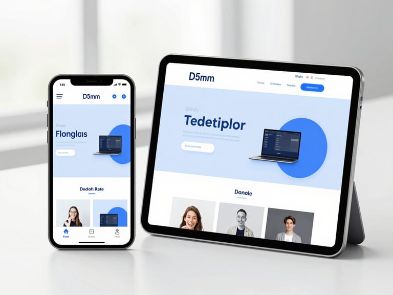 Isometric view of a tablet and smartphone side-by-side, both displaying the same modern website design, clean digital device mockups, soft blue accents.