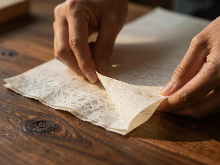 Macro shot of artisan hands folding thick, patterned washi paper on a dark oak workbench, warm golden hour light catching the textured edges and paper fibers.
