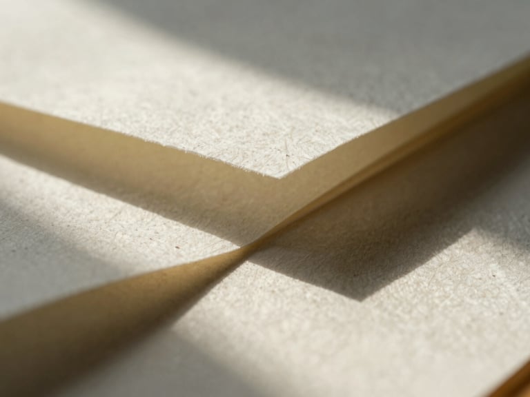 Macro close-up of precise geometric folds on textured washi paper, casting soft, layered shadows under warm directional morning sun.