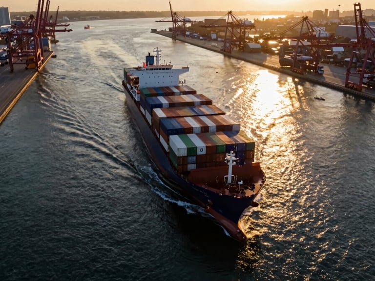 Overhead drone shot of a container ship navigating through a busy shipping lane, dramatic golden hour light reflecting on the water, wide-angle lens, showing scale.