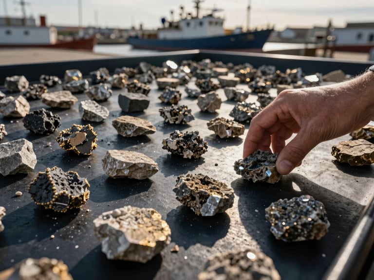 Close-up of a hand inspecting raw mineral samples on a dark industrial surface, high-contrast daylight, focus on texture and detail, industrial editorial photography.