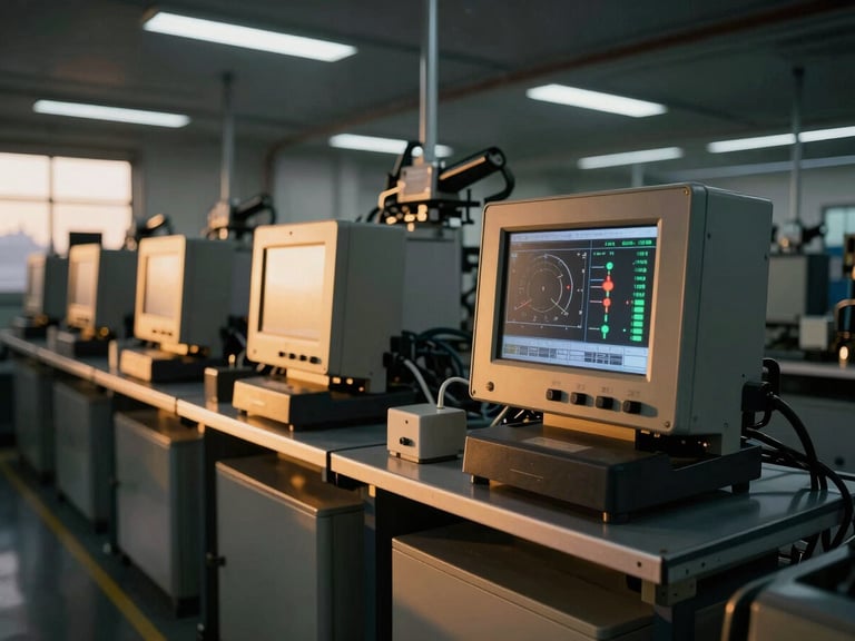 Digital display showing quality control metrics and data on a factory floor, subtle golden glow from machinery, clean industrial lighting, high detail.