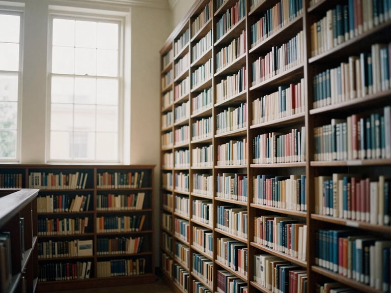 Wide environmental shot of a quiet, grand library interior with towering bookshelves, soft indirect daylight filtering through tall windows, muted ink and cream tones, shallow depth of field, 35mm film grain