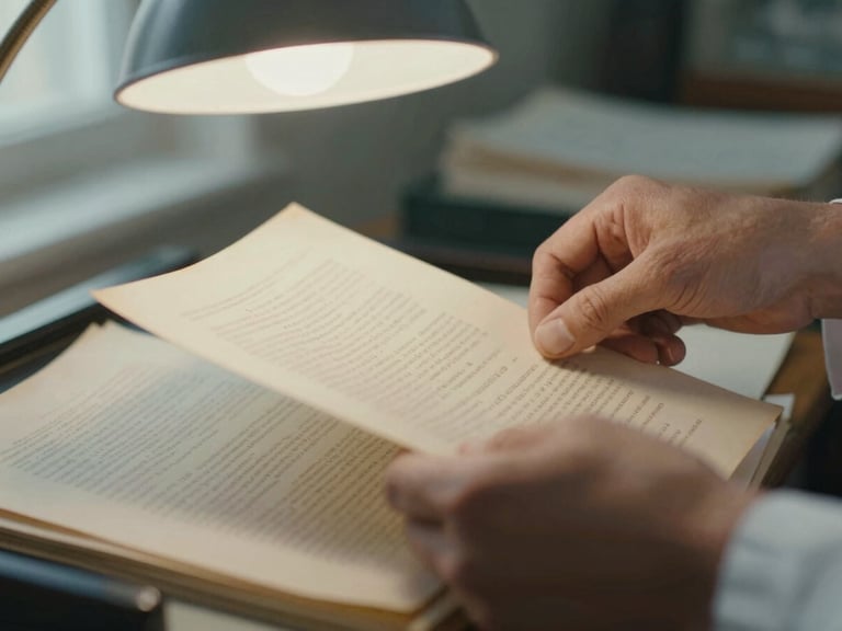 Macro close-up of a researcher's hands sifting through aged paper documents, soft library lamp light, muted ink and cream tones, shallow depth of field, 35mm film grain