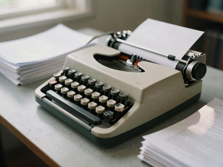 Close-up of a meticulously organized desk with a vintage typewriter and stacks of neatly bound reports, abstract shadows on concrete, soft indirect daylight, muted ink and cream tones, shallow depth of field, 35mm film grain