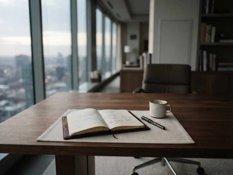 Wide shot of a minimalist, quiet executive office at dawn, a single leather-bound notebook open on a large wooden desk, soft indirect light, shallow depth of field, muted ink and cream tones.