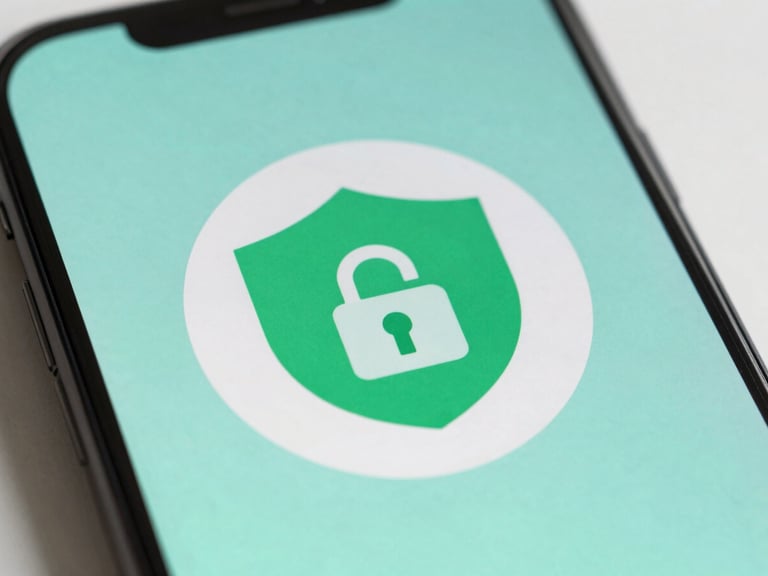 Close-up of a smartphone screen displaying a secure green shield lock icon, soft teal background, bright natural daylight, clean professional editorial photography