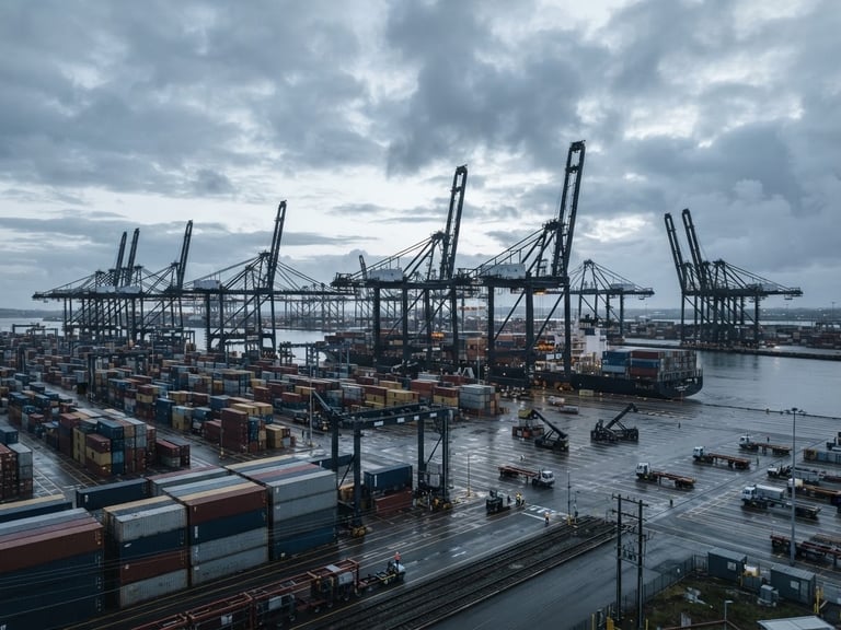 Wide environmental shot of a massive container terminal at dawn, towering gantry cranes silhouetted against a cool overcast sky, desaturated navy tones, sharp focus, 35mm lens.