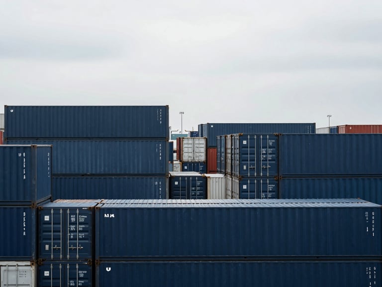 Wide-angle environmental shot of an organized container terminal under overcast daylight, sharp focus, desaturated navy tones