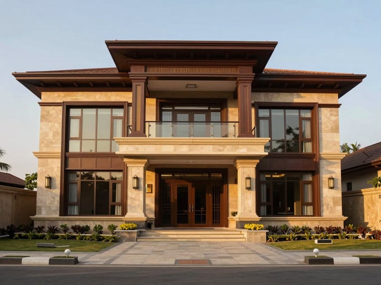Symmetrical straight-on shot of a modern luxury villa exterior in India, golden hour light reflecting on polished stone and glass, wide-angle architectural photography