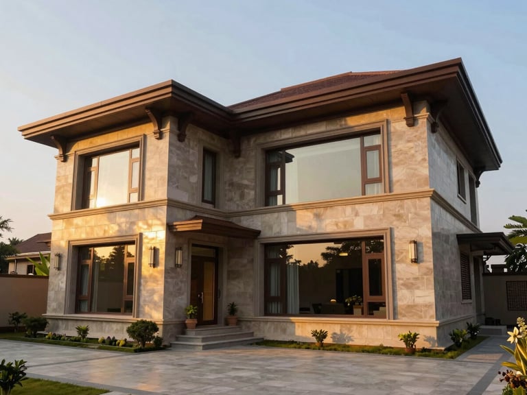 Wide-angle architectural photography of a modern luxury villa exterior in India, golden hour sunlight reflecting off premium stone facade and glass windows.