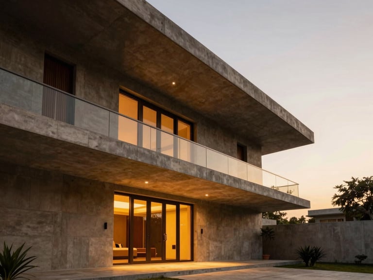 Exterior of a luxury independent house in Hyderabad, warm evening lighting, cantilevered concrete structures, sharp details