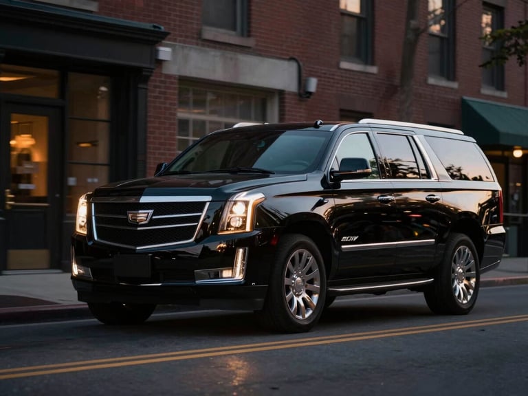 Cinematic profile of a late-model black Cadillac Escalade ESV in motion along a Boston street at dusk, soft golden cabin glow, 35mm